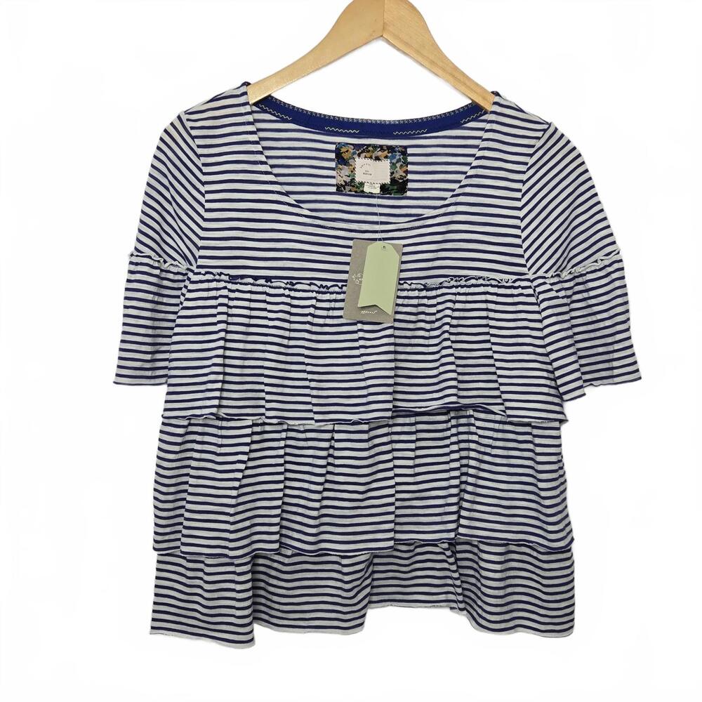 Anthropologie Navy and White Striped Tiered Ruffle Tee